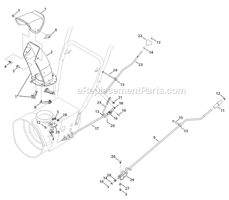 Standard 2-Way Chute Diagram and Parts List for 2011 Troy-Bilt Snow Blower