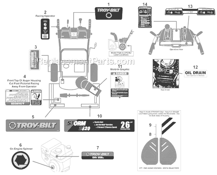 Label Map Diagram and Parts List for 2012 Troy-Bilt Snow Blower