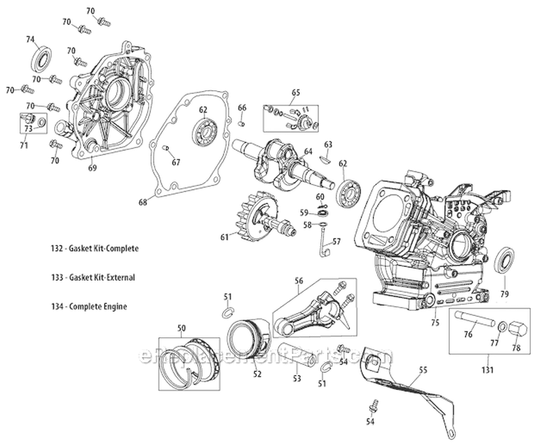 Crankcase Diagram and Parts List for 2012 Troy-Bilt Snow Blower