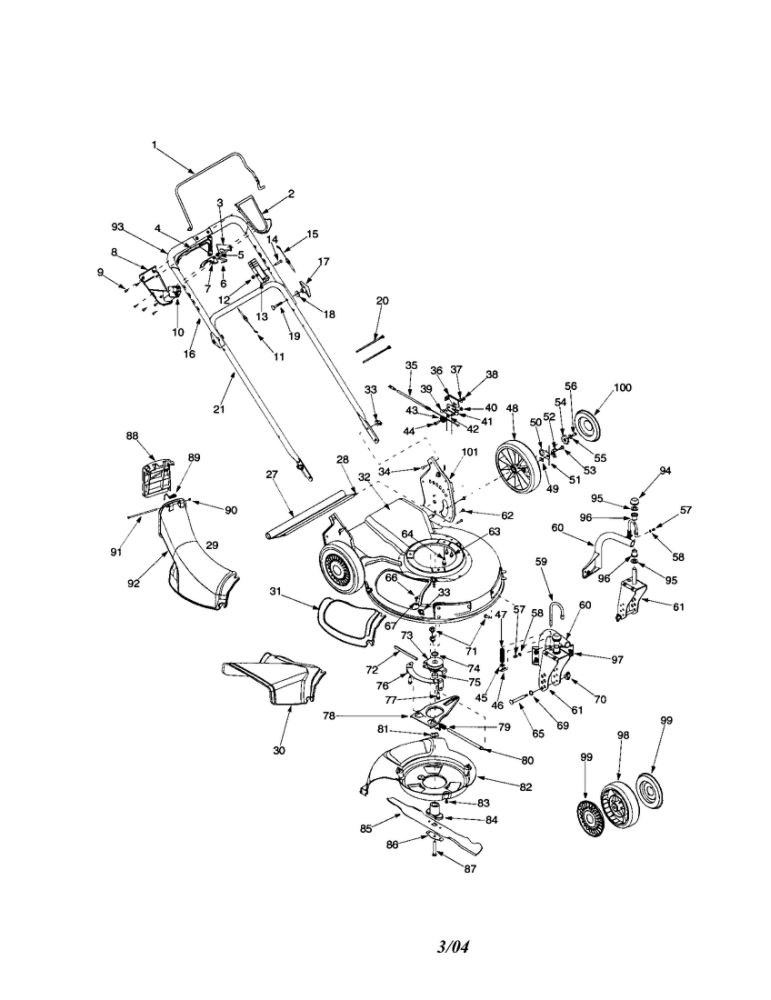 Handle/Deck/Blade/Wheels Diagram and Parts List for  Troy-Bilt Lawn Mower