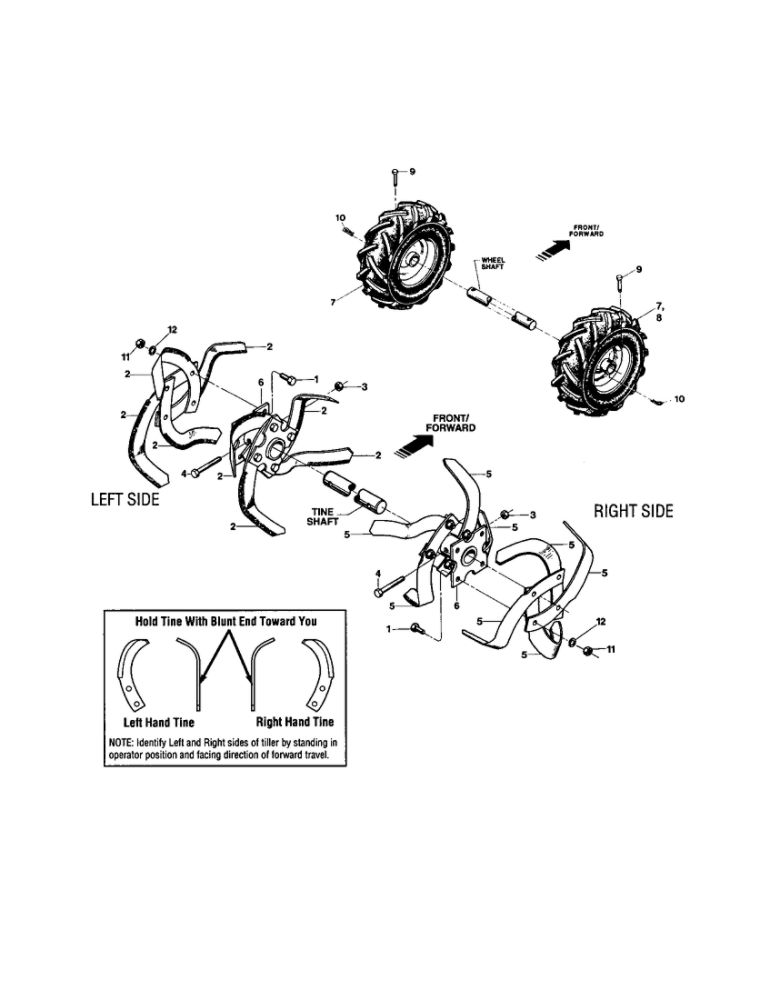 Bolo-Tine/Wheels/Tires Diagram and Parts List for 2001 Troy-Bilt Tiller