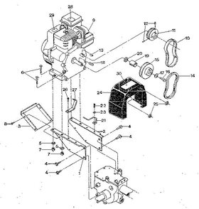 Engine And Support Brackets, Pulleys, Belts, Belt Cover Diagram and Parts List for S0242650 AND UP Troy-Bilt Tiller