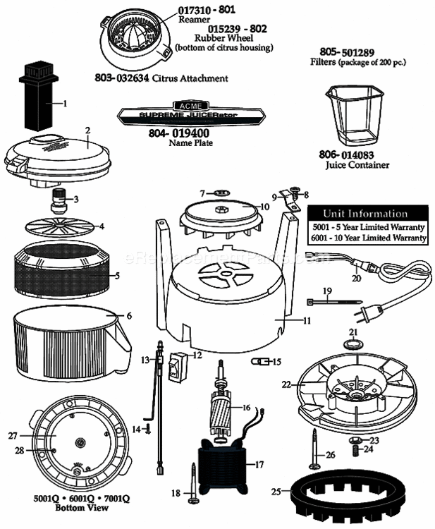 Stainless_Steel_Cover_And_Bowl Diagram and Parts List for  Waring Juicer