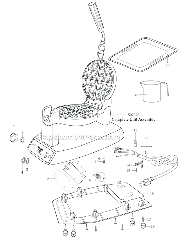 Page A Diagram and Parts List for  Waring Waffle Maker