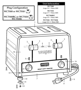 Four_1_18In_Toast_Slots Diagram and Parts List for  Waring Toaster