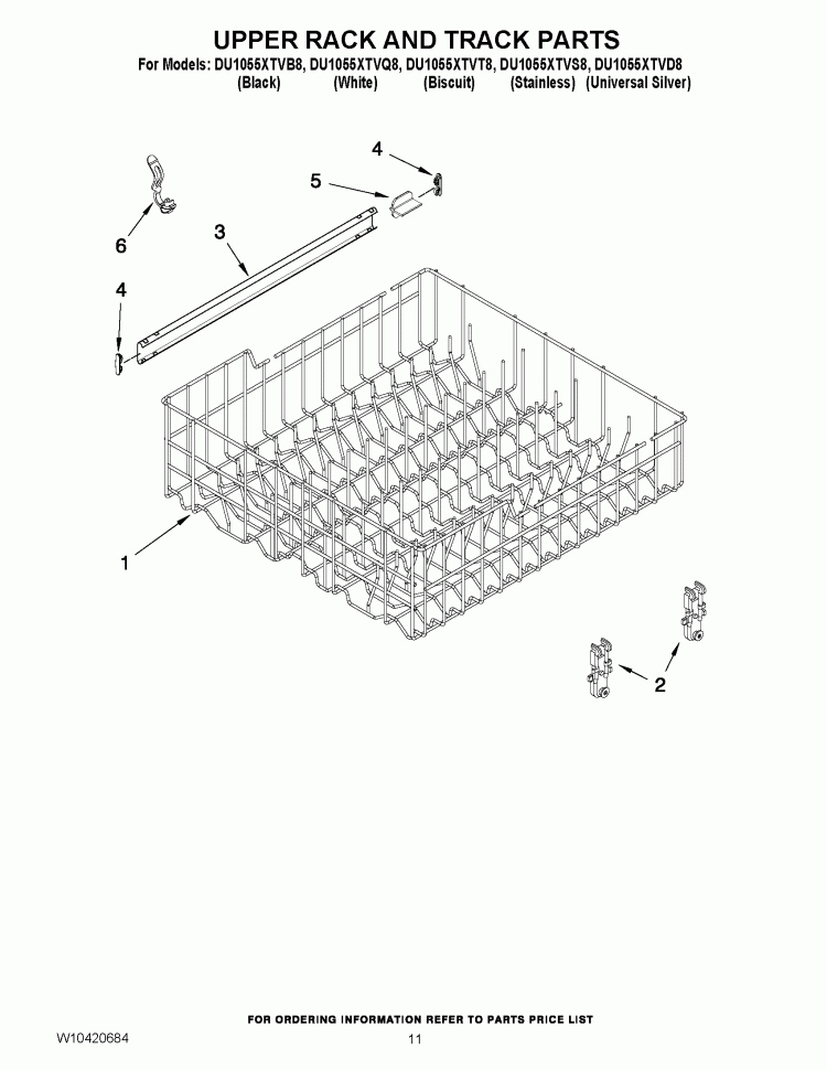 UPPER RACK AND TRACK PARTS Diagram and Parts List for  Whirlpool Dishwasher