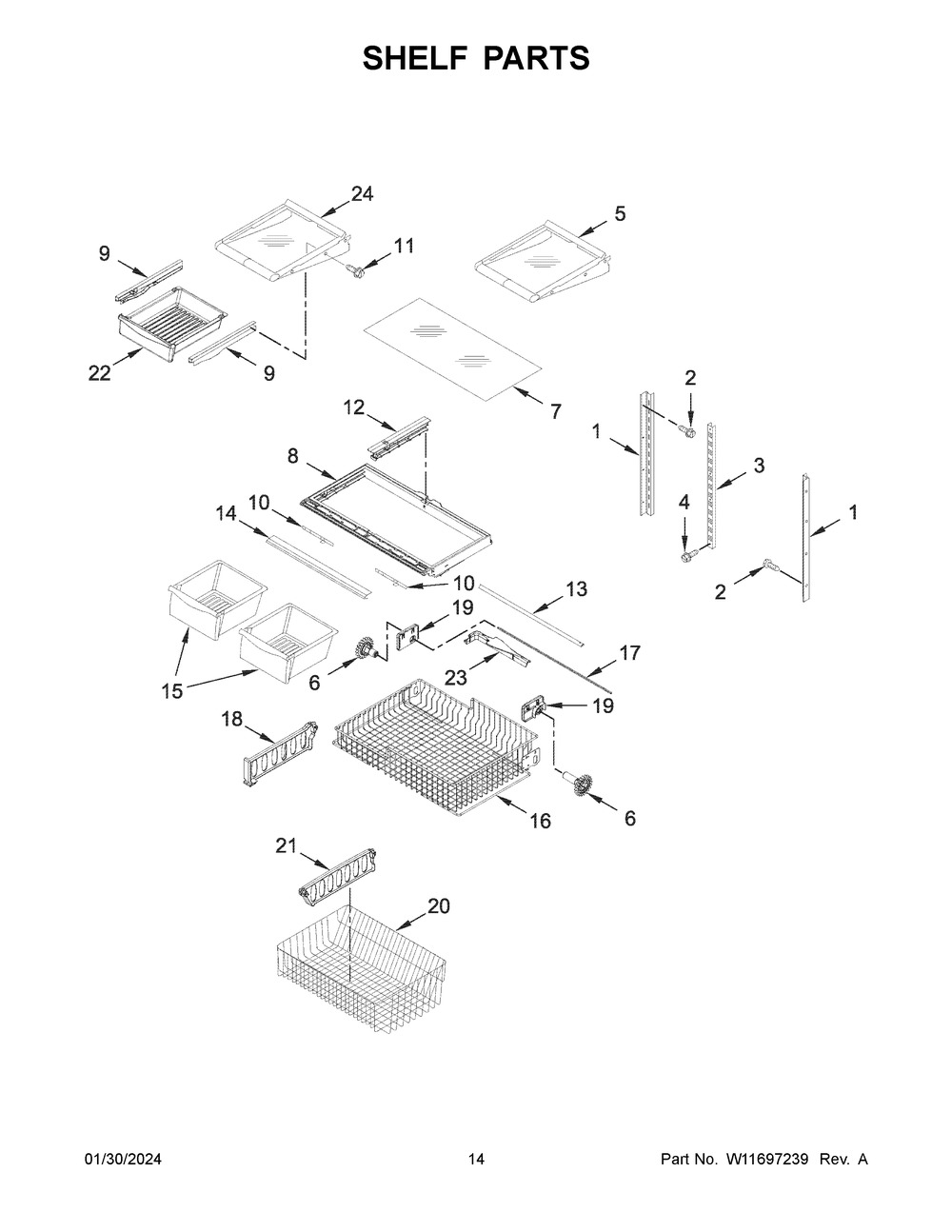 Shelf Parts Diagram and Parts List for  Whirlpool Refrigerator