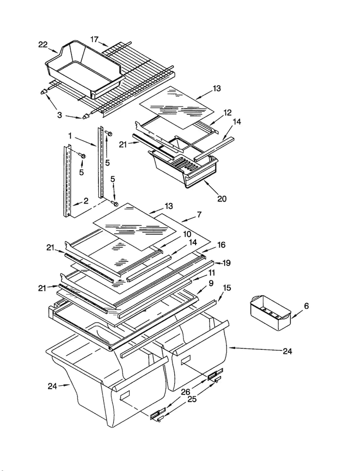 Shelves Diagram and Parts List for ET21MMXJW01  Whirlpool Refrigerator