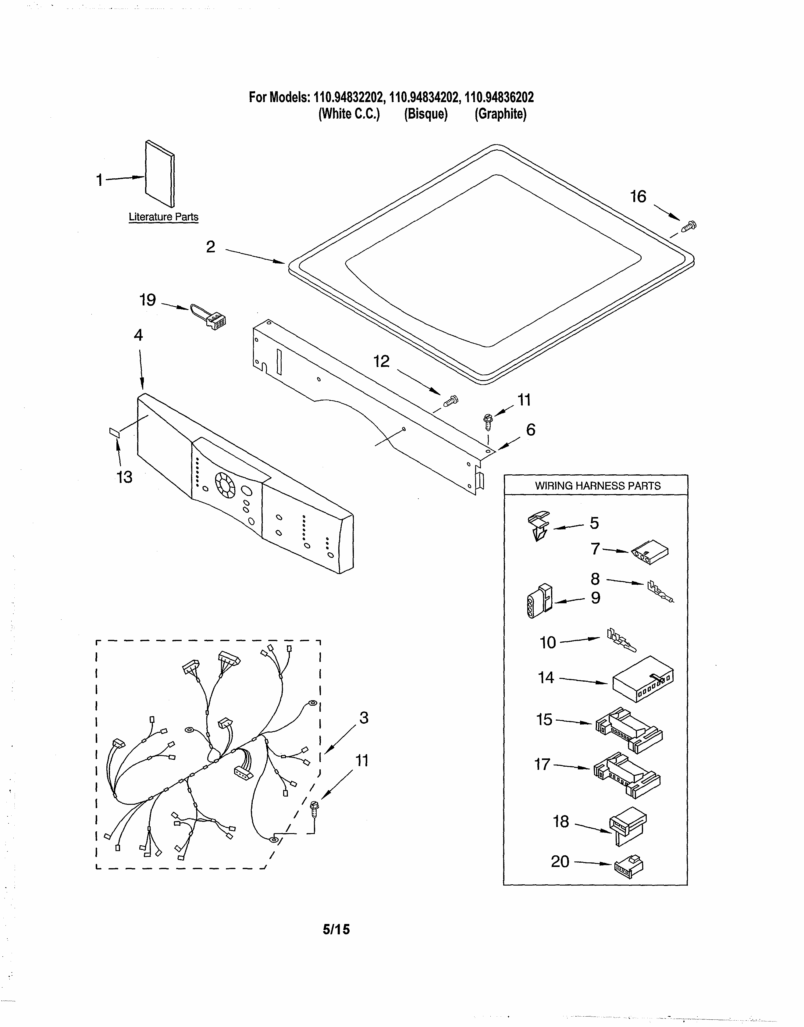 Top & Console Diagram and Parts List for 11094834202  Kenmore Dryer