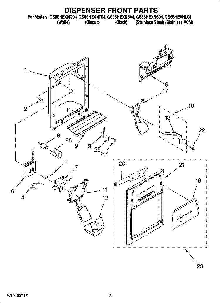 DISPENSER FRONT PARTS Diagram and Parts List for GS6SHEXNQ04  Whirlpool Refrigerator