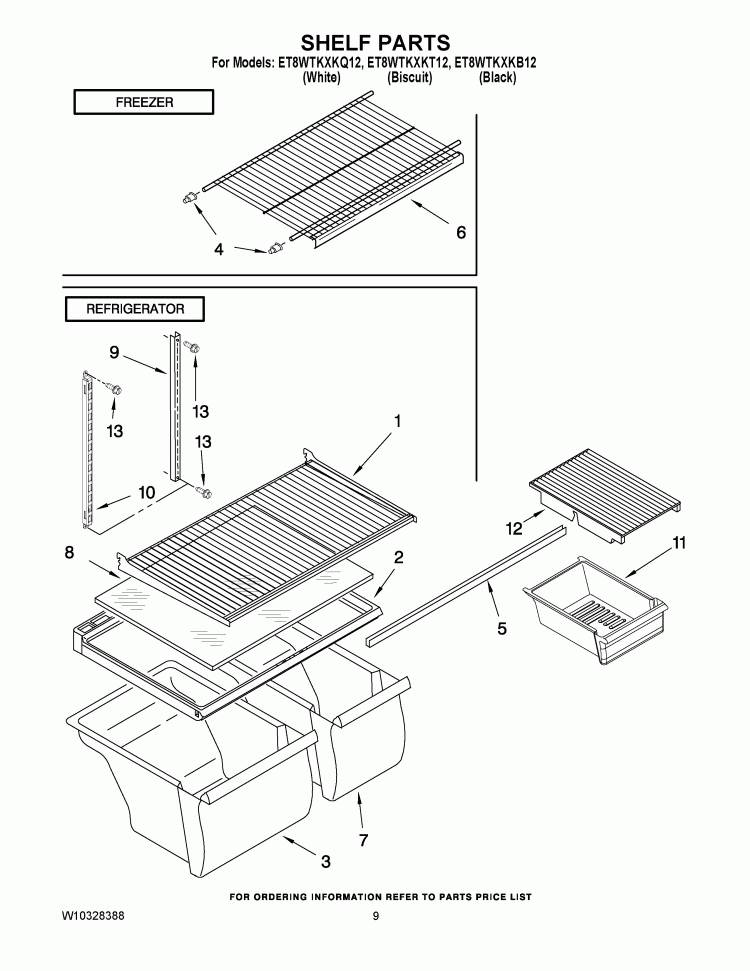 SHELF PARTS Diagram and Parts List for ET8WTKXKQ12  Whirlpool Refrigerator