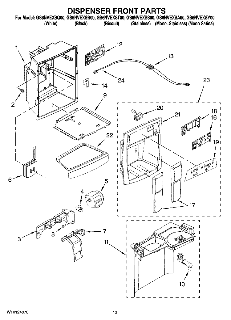 DISPENSER FRONT PARTS Diagram and Parts List for GS6NVEXSB00  Whirlpool Refrigerator