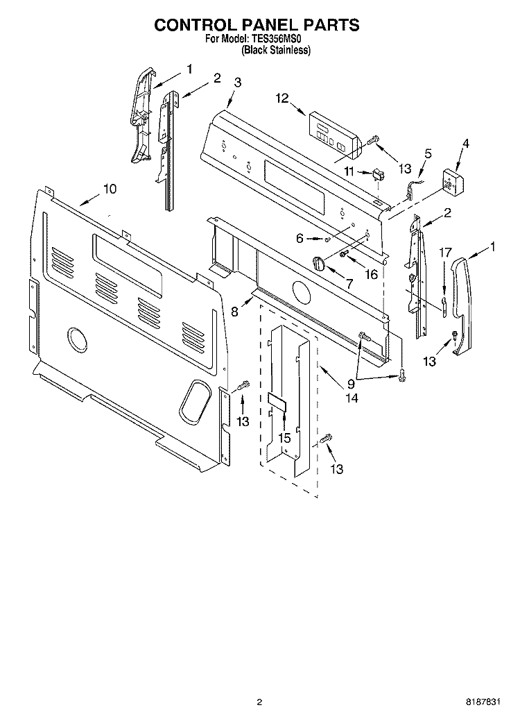 CONTROL PANEL PARTS Diagram and Parts List for TES356MS0  Estate Range