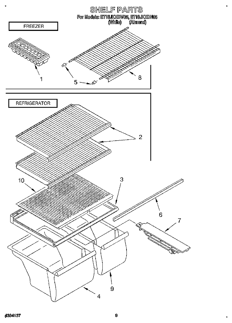 SHELF, LIT/OPTIONAL Diagram and Parts List for ET18JKXDN05  Whirlpool Refrigerator