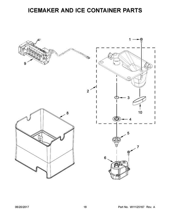 10 - Icemaker And Ice Container Parts Diagram and Parts List for  Whirlpool Refrigerator