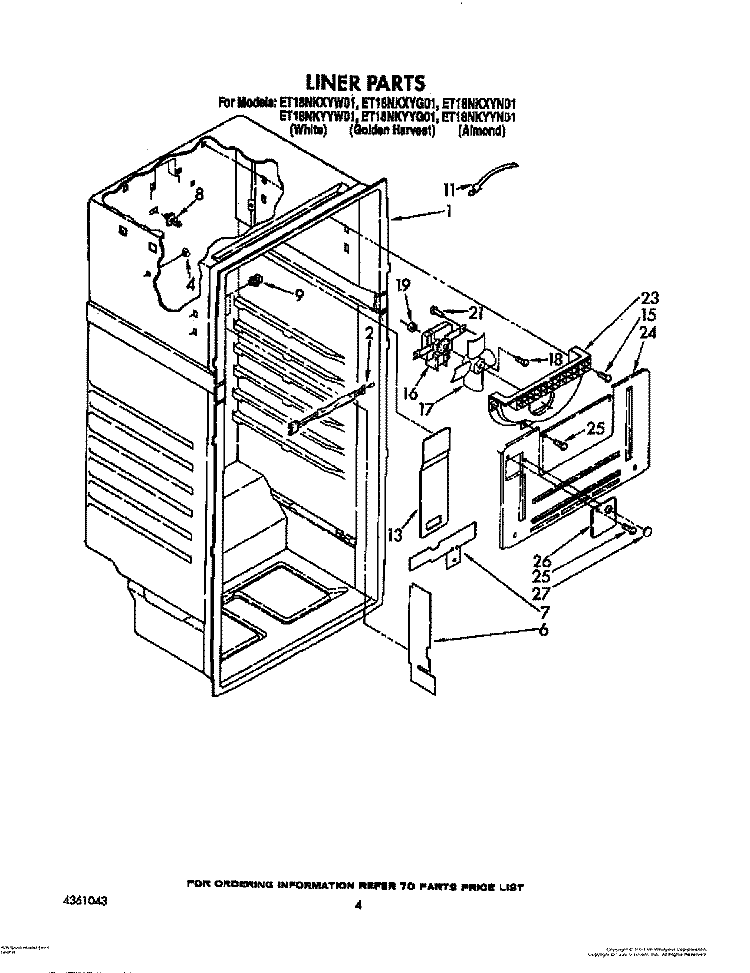 LINER Diagram and Parts List for ET18NKYYN01  Whirlpool Refrigerator