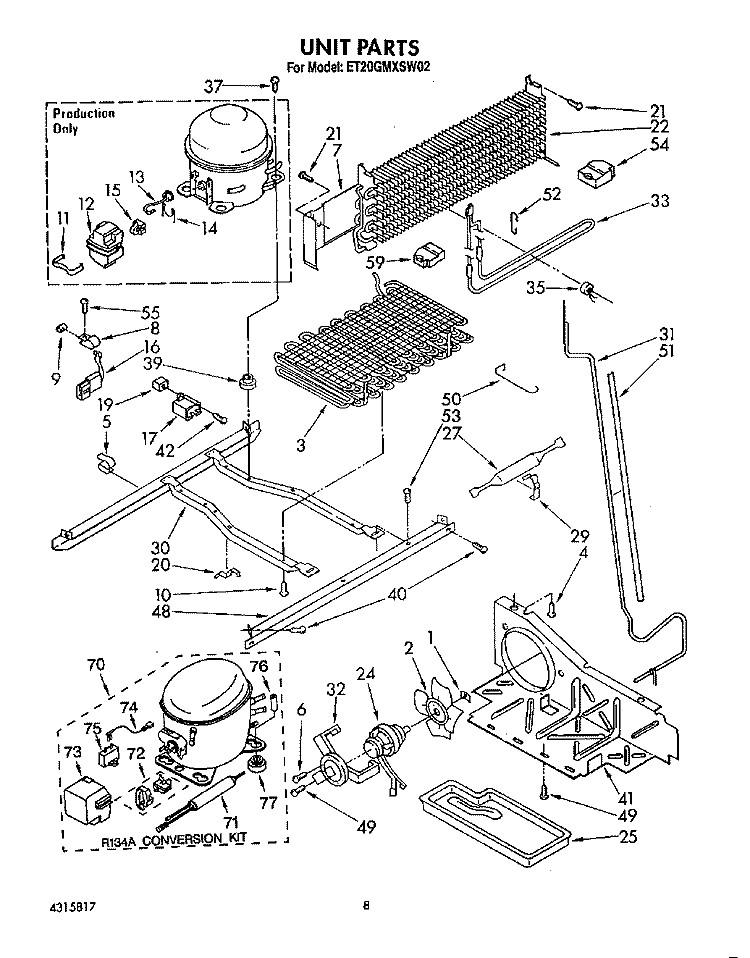 UNIT Diagram and Parts List for ET20GMXSW02  Whirlpool Refrigerator