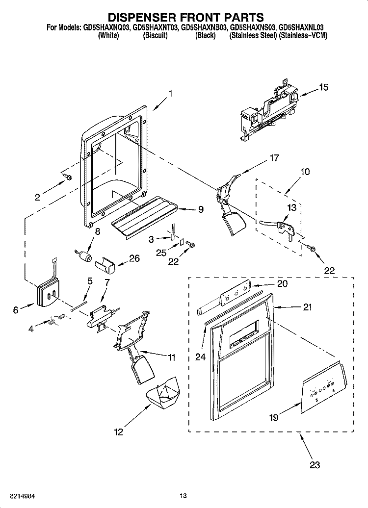 DISPENSER FRONT PARTS Diagram and Parts List for GD5SHAXNL03  Whirlpool Refrigerator