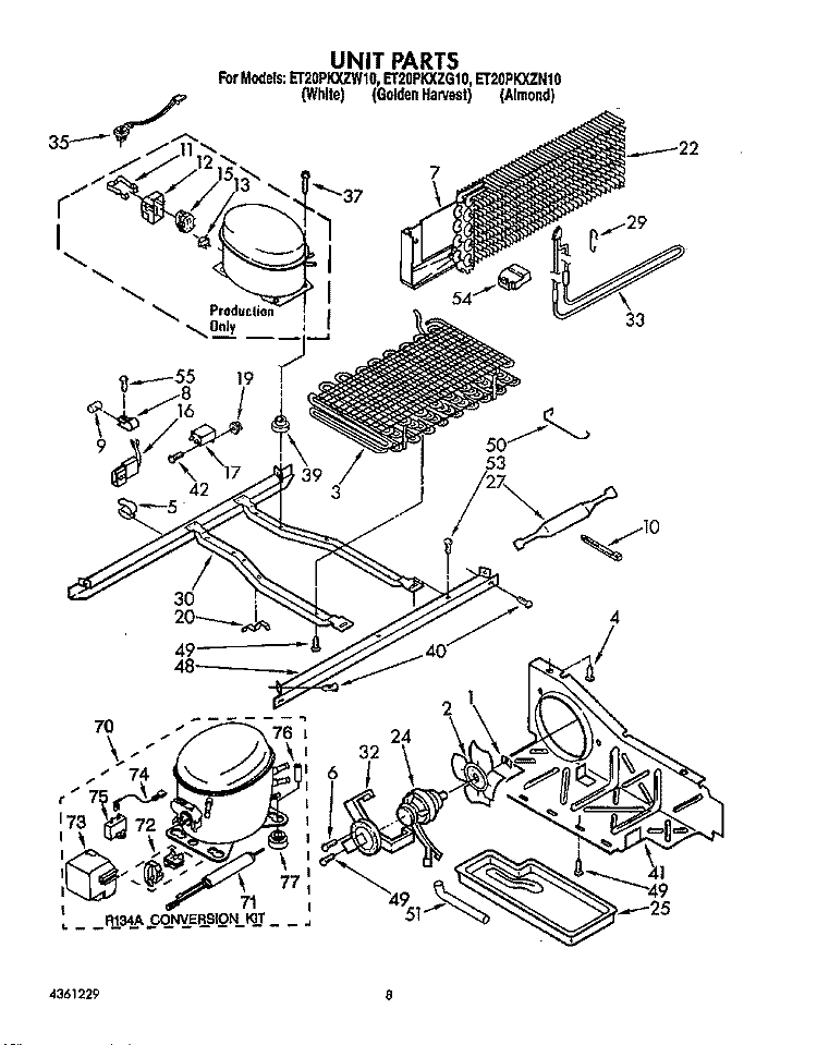 UNIT Diagram and Parts List for ET20PKXZW10  Whirlpool Refrigerator
