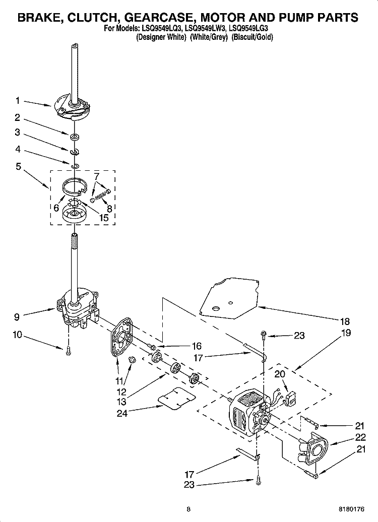 BRAKE, CLUTCH, GEARCASE, MOTOR AND PUMP PARTS Diagram and Parts List for  Whirlpool Washer