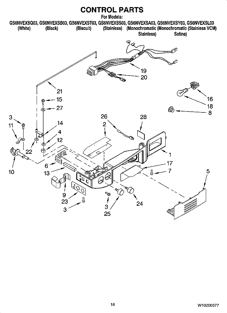 CONTROL PARTS Diagram and Parts List for GS6NVEXSS03  Whirlpool Refrigerator