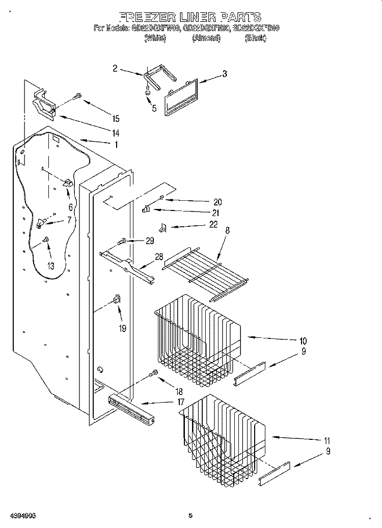 FREEZER LINER Diagram and Parts List for GD22DQXFB00  Whirlpool Refrigerator