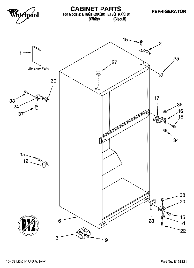 CABINET PARTS Diagram and Parts List for ET8GTKXKQ01  Whirlpool Refrigerator