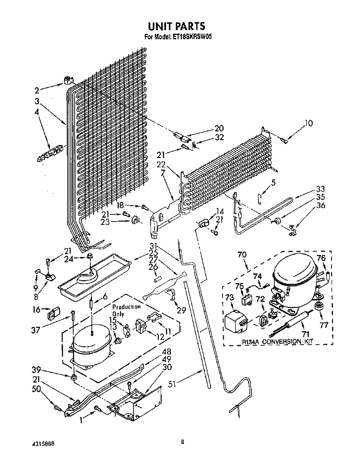 UNIT Diagram and Parts List for ET18SKRSW05  Whirlpool Refrigerator