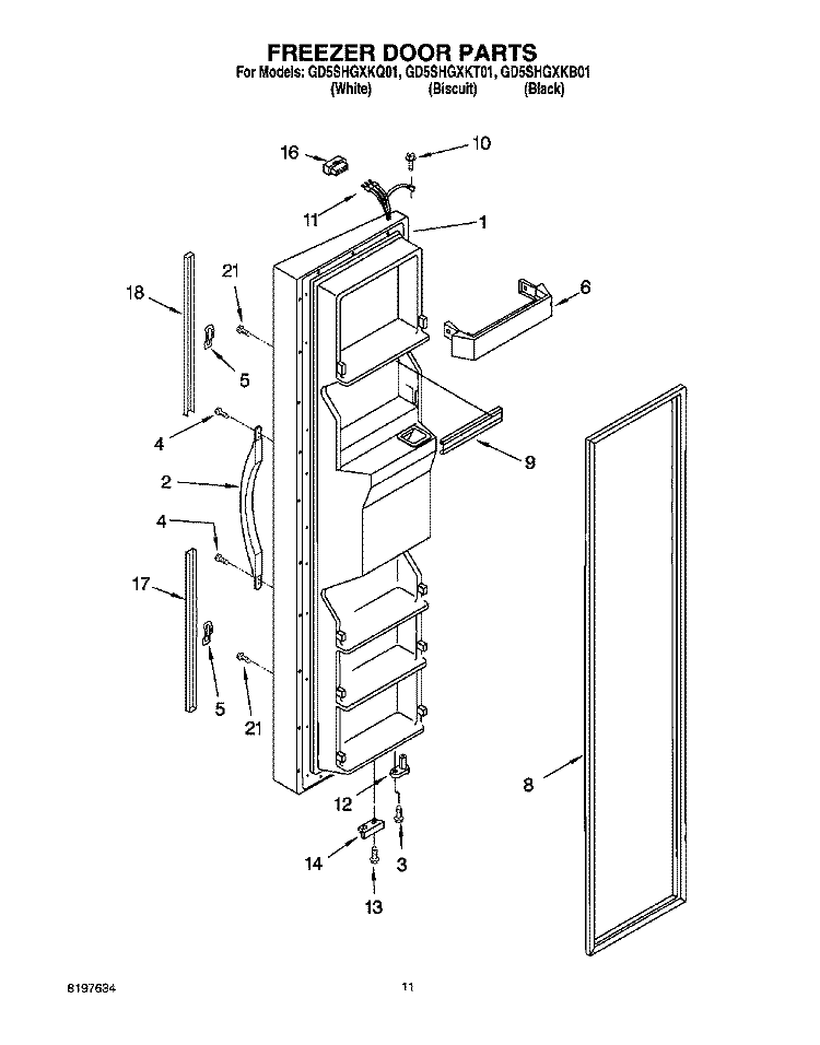 FREEZER DOOR Diagram and Parts List for GD5SHGXKB01  Whirlpool Refrigerator
