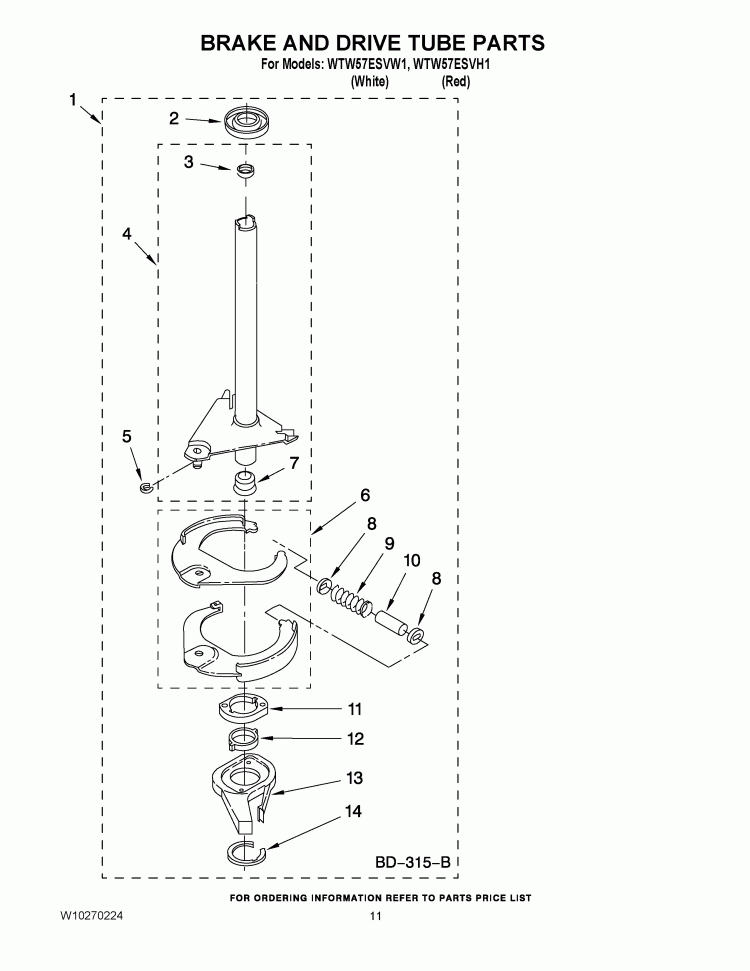 BRAKE AND DRIVE TUBE PARTS Diagram and Parts List for  Whirlpool Washer