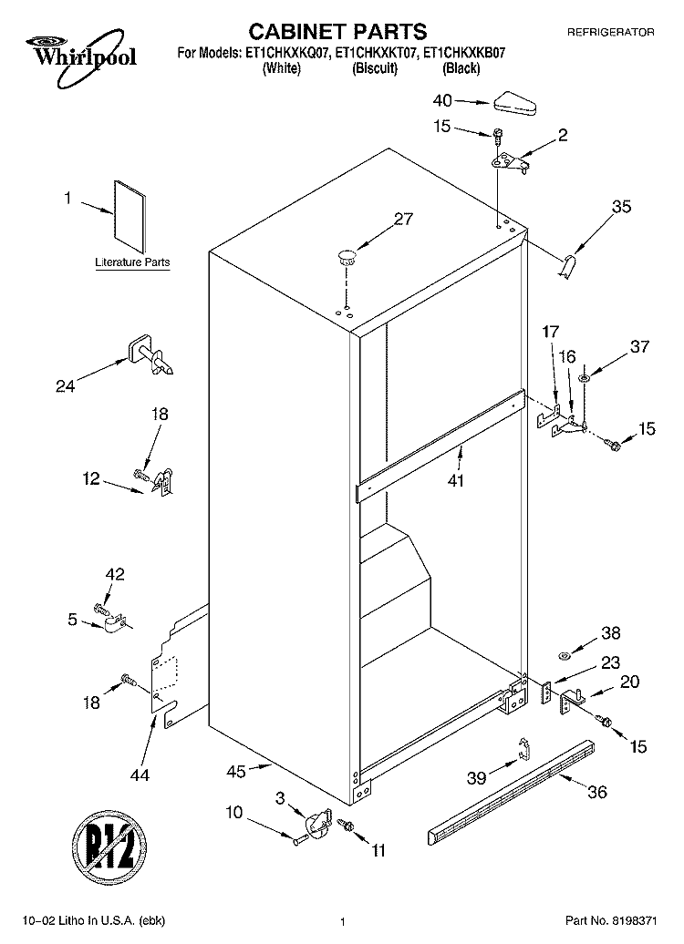 CABINET, LITERATURE Diagram and Parts List for ET1CHKXKQ07  Whirlpool Refrigerator