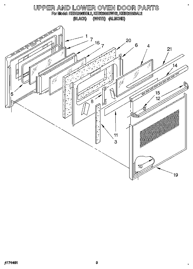 UPPER AND LOWER OVEN DOOR Diagram and Parts List for KEBS208BBL2  KitchenAid Wall Oven