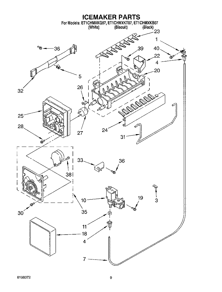 ICE MAKER Diagram and Parts List for ET1CHMXKQ07  Whirlpool Refrigerator
