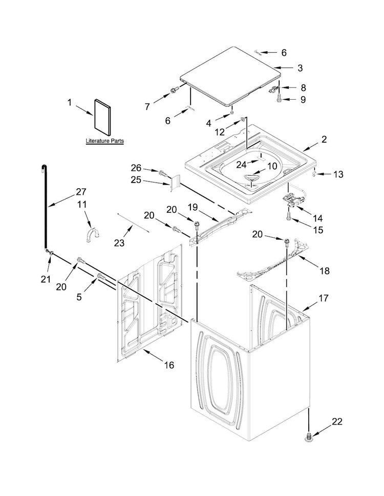 Top And Cabinet Parts Diagram and Parts List for  Kenmore Washer