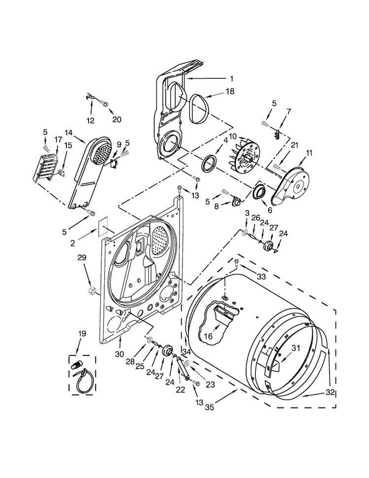 Bulkhead Parts Diagram and Parts List for  Whirlpool Dryer
