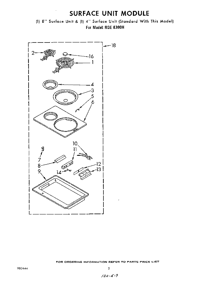 SURFACE UNIT Diagram and Parts List for  Whirlpool Range