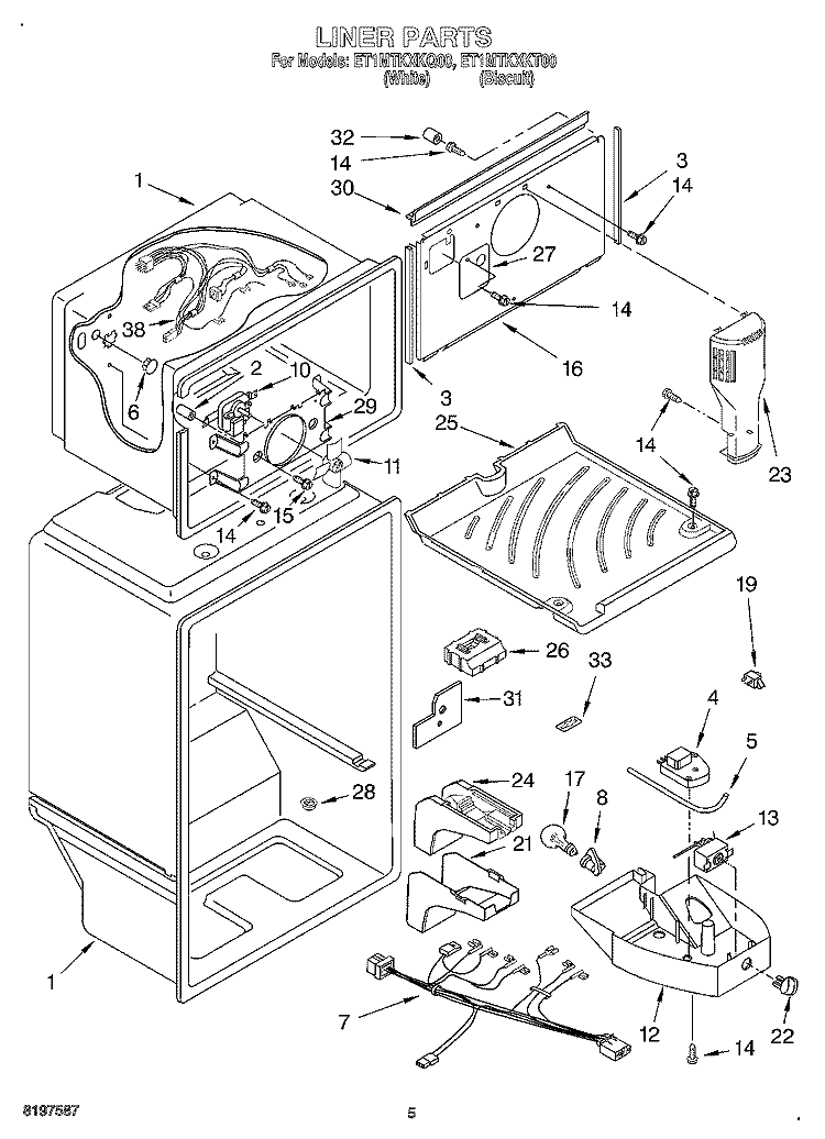 LINER Diagram and Parts List for ET1MTKXKQ00  Whirlpool Refrigerator