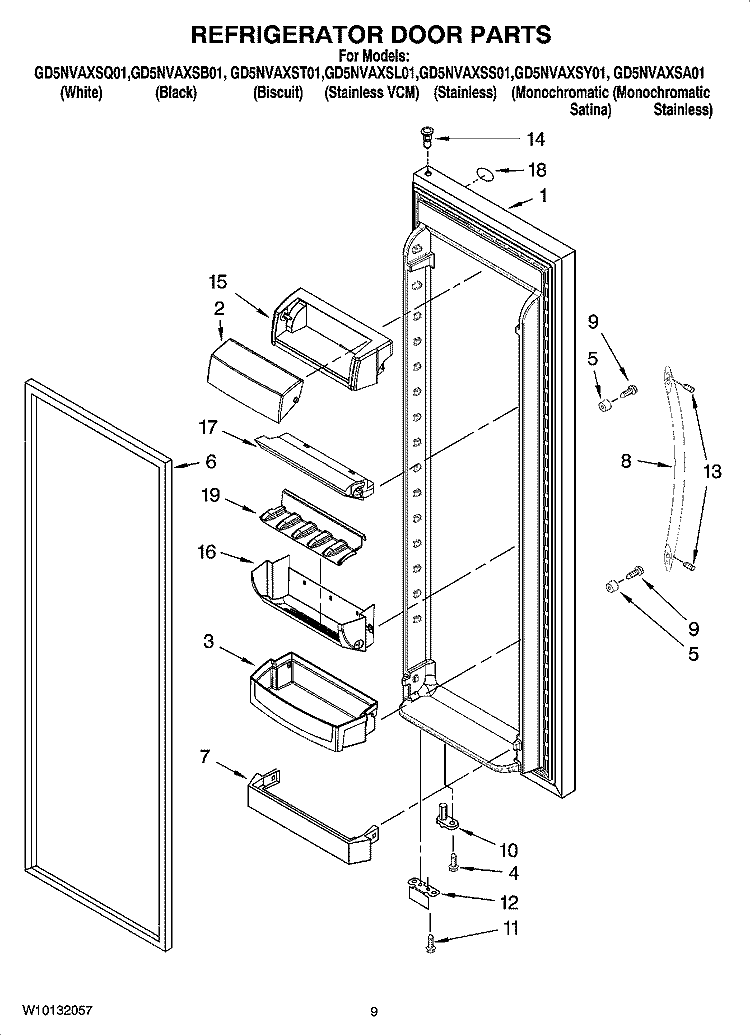 REFRIGERATOR DOOR PARTS Diagram and Parts List for GD5NVAXSS01  Whirlpool Refrigerator