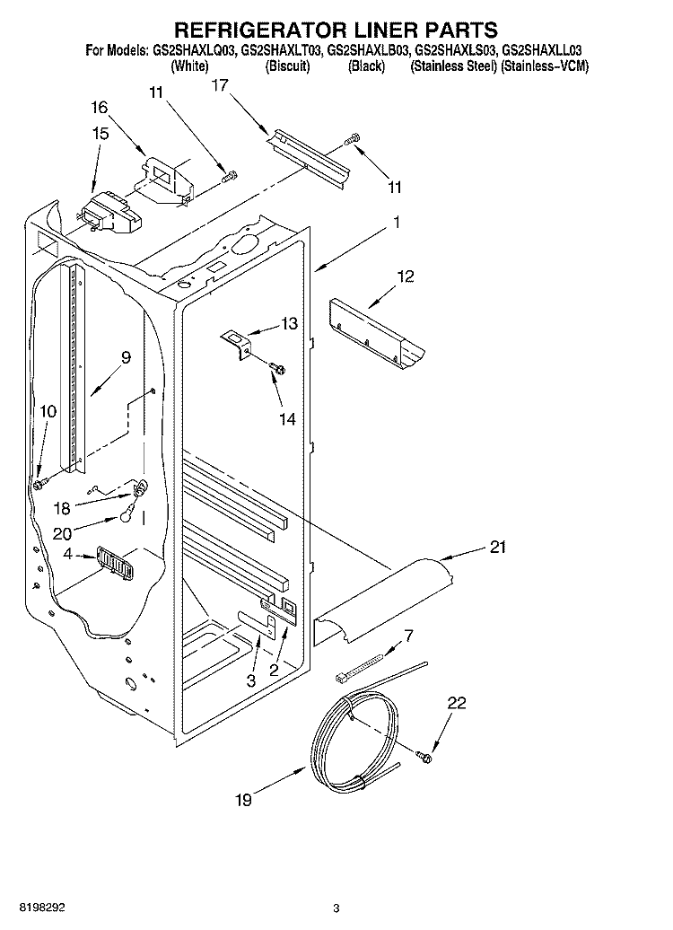 REFRIGERATOR LINER Diagram and Parts List for GS2SHAXLL03  Whirlpool Refrigerator