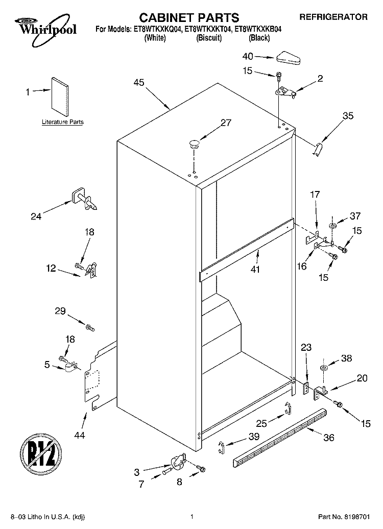 CABINET PARTS Diagram and Parts List for ET8WTKXKT04  Whirlpool Refrigerator