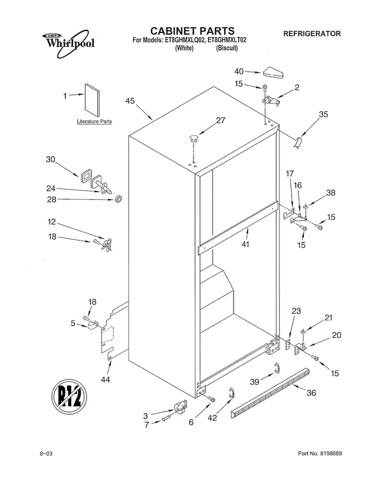 Cabinet Diagram and Parts List for ET8GHMXLQ02  Whirlpool Refrigerator