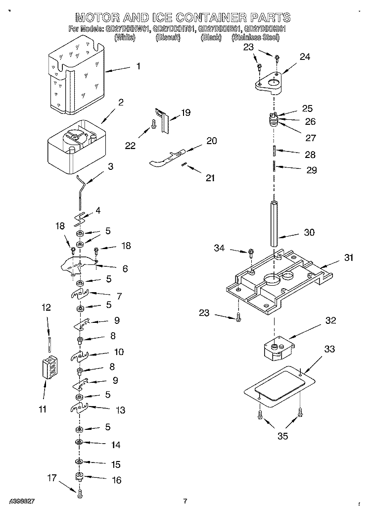 MOTOR AND ICE CONTAINER Diagram and Parts List for GD27DIXHT01  Whirlpool Refrigerator