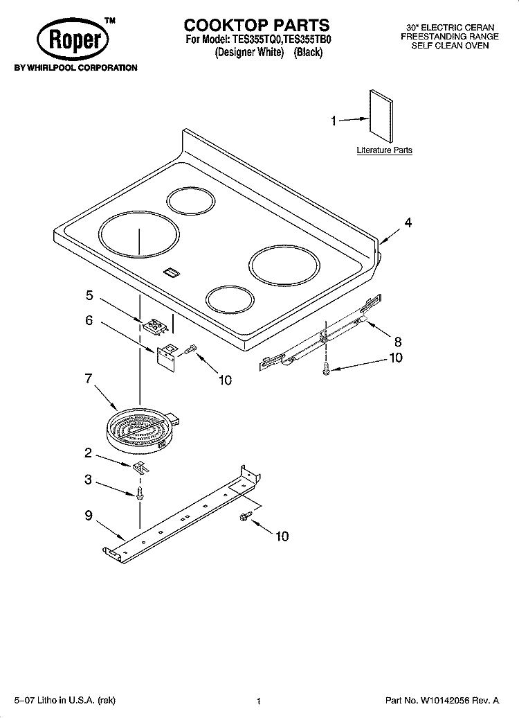 COOKTOP PARTS Diagram and Parts List for TES355TB0  Estate Range