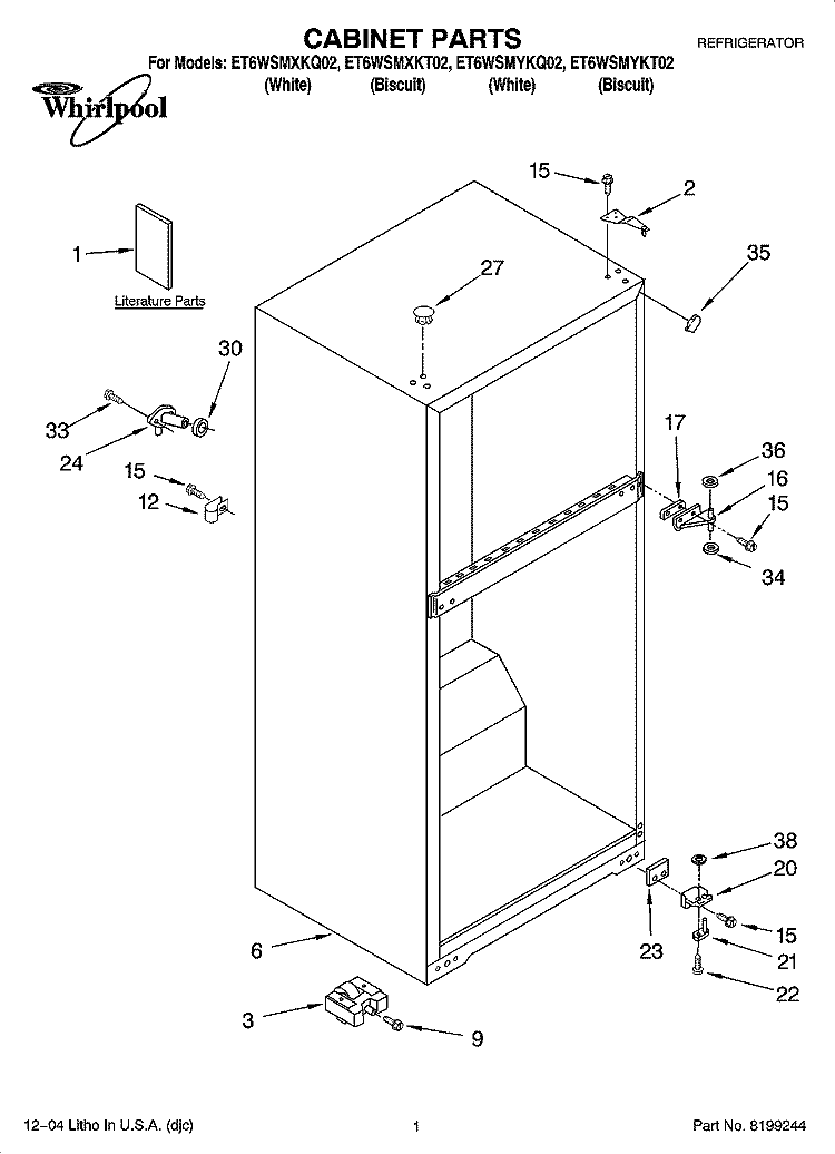CABINET PARTS Diagram and Parts List for ET6WSMXKT02  Whirlpool Refrigerator