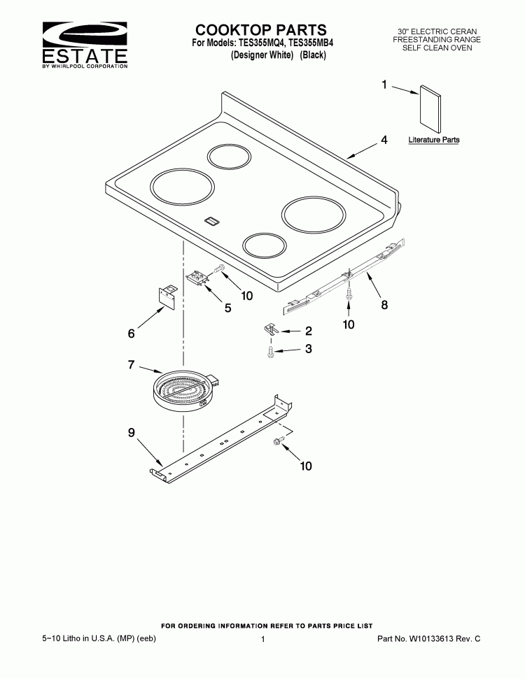 COOKTOP PARTS Diagram and Parts List for TES355MB4  Estate Range