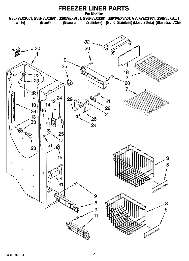 FREEZER LINER PARTS Diagram and Parts List for GS6NVEXSB01  Whirlpool Refrigerator