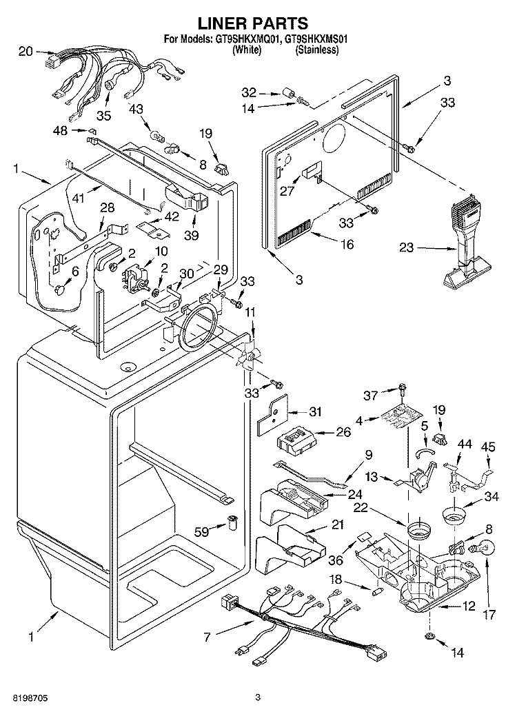 LINER PARTS Diagram and Parts List for GT9SHKXMQ01  Whirlpool Refrigerator