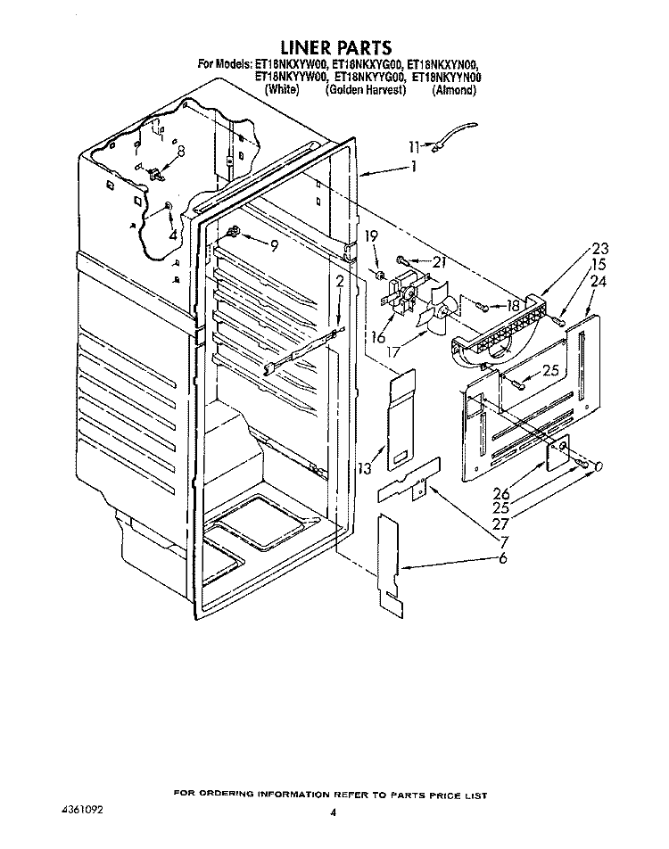 LINER Diagram and Parts List for ET18NKXYN00  Whirlpool Refrigerator