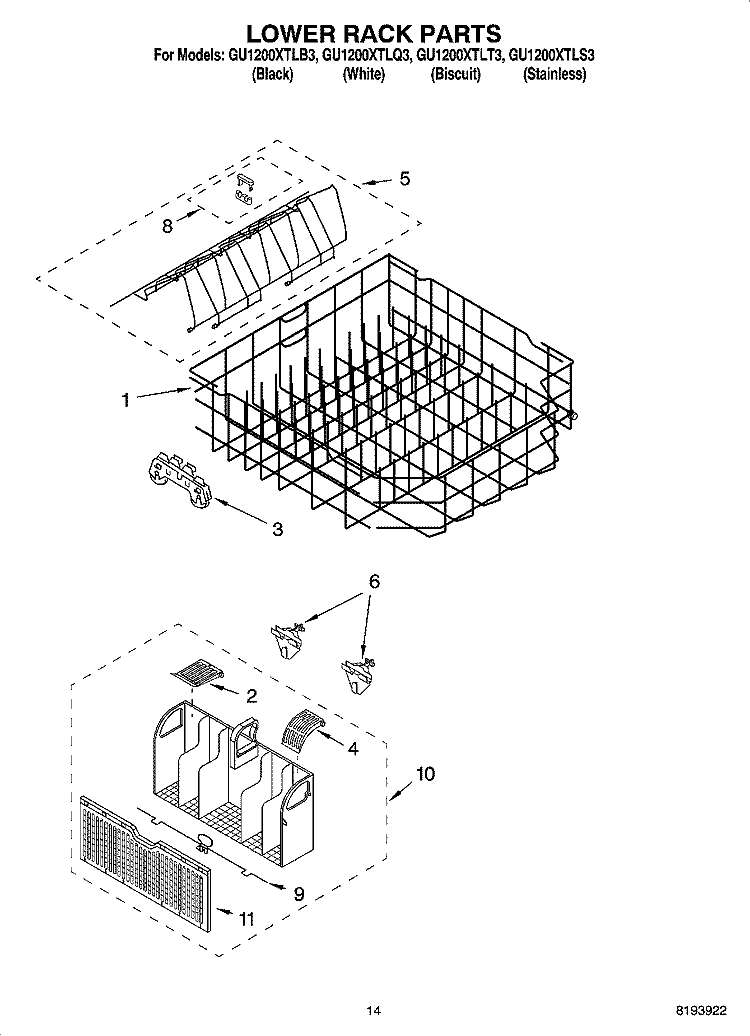 LOWER RACK PARTS Diagram and Parts List for  Whirlpool Dishwasher