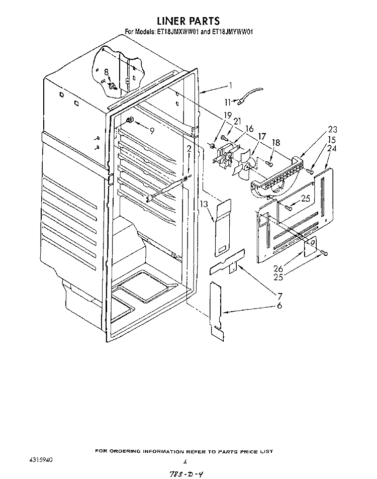 LINER Diagram and Parts List for ET18JMYWG01  Whirlpool Refrigerator
